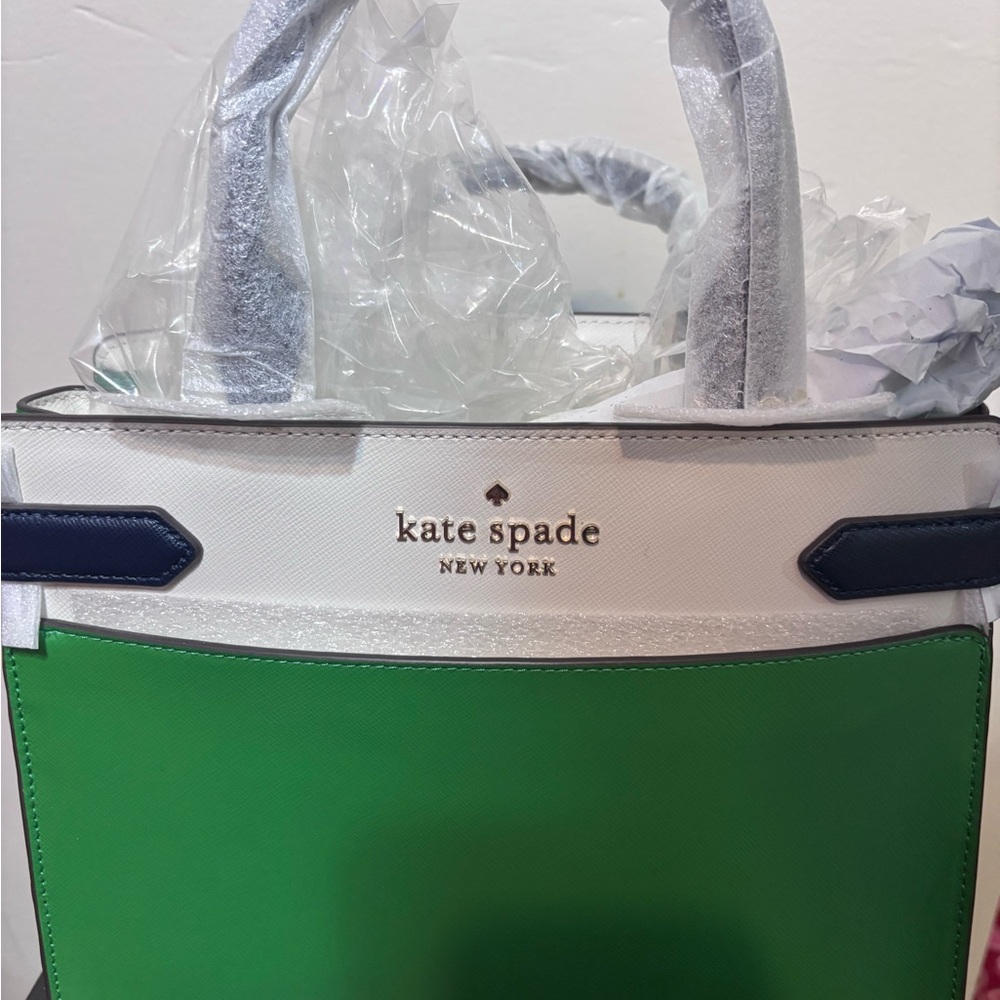 Kate Spade Green and White Tote with Navy Accents